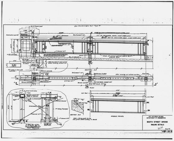 City of Reno, Nevada, Department of Engineering. Booth Street Bridge. Railing Details. Sheet -2. No date (but post-1946). Tracing linen. Drawing No. VB-10-3A. - Riverside Bridge, HAER NEV,16-RENO,2-17