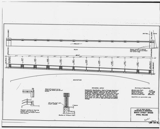City of Reno, Nevada, Department of Engineering. Booth Street Bridge. Steel Railing. Sheet -1. No date (but post-1946). Tracing linen. Drawing No. VB-10-4A - Riverside Bridge, HAER NEV,16-RENO,2-16